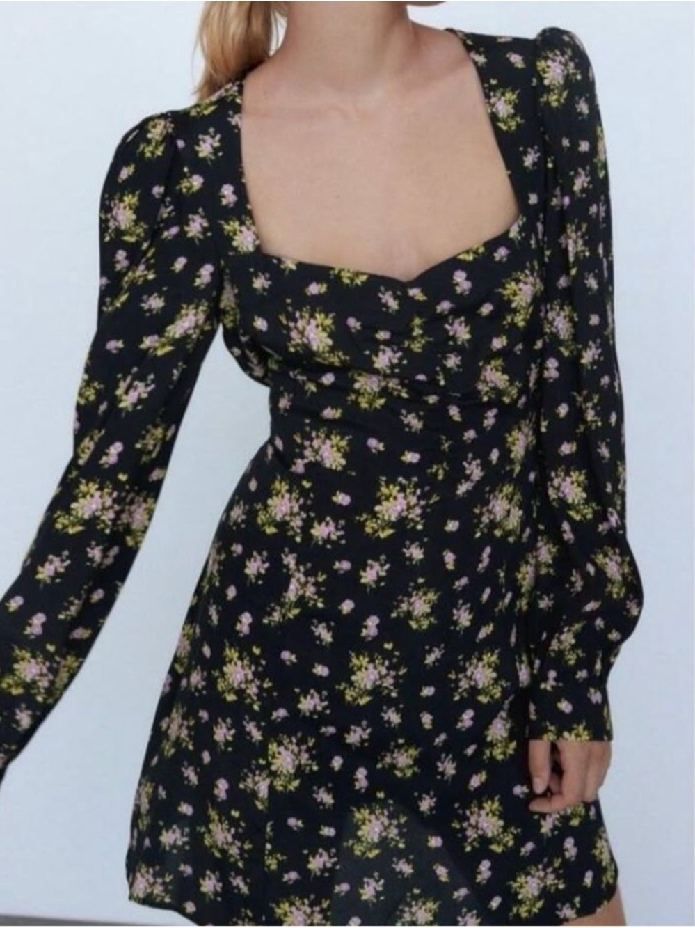 Zara Black Floral Square-Neck Long Sleeve Mini Dress